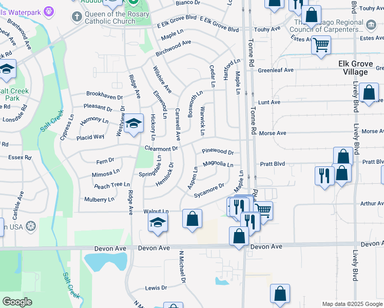 map of restaurants, bars, coffee shops, grocery stores, and more near 1210 Aspen Lane in Elk Grove Village