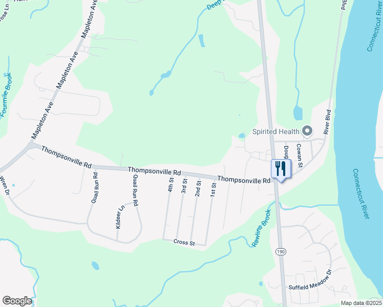 map of restaurants, bars, coffee shops, grocery stores, and more near 600 Thompsonville Road in Suffield