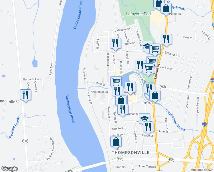 map of restaurants, bars, coffee shops, grocery stores, and more near Pleasant St & Main St in Enfield