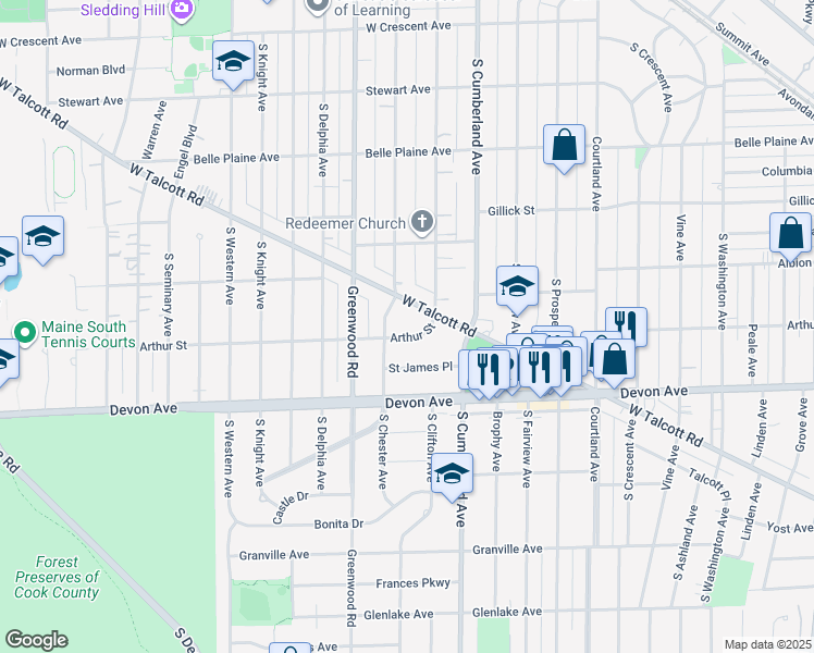 map of restaurants, bars, coffee shops, grocery stores, and more near 1012 Arthur Street in Park Ridge