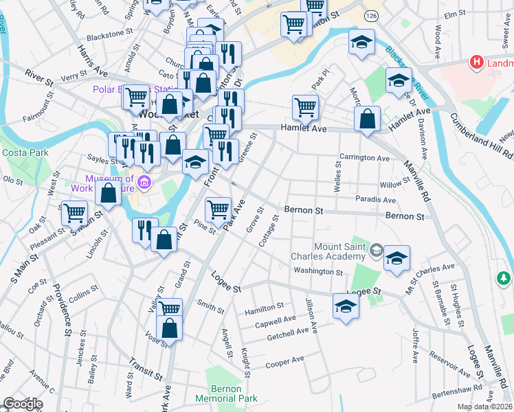 map of restaurants, bars, coffee shops, grocery stores, and more near 325 Grove Street in Woonsocket