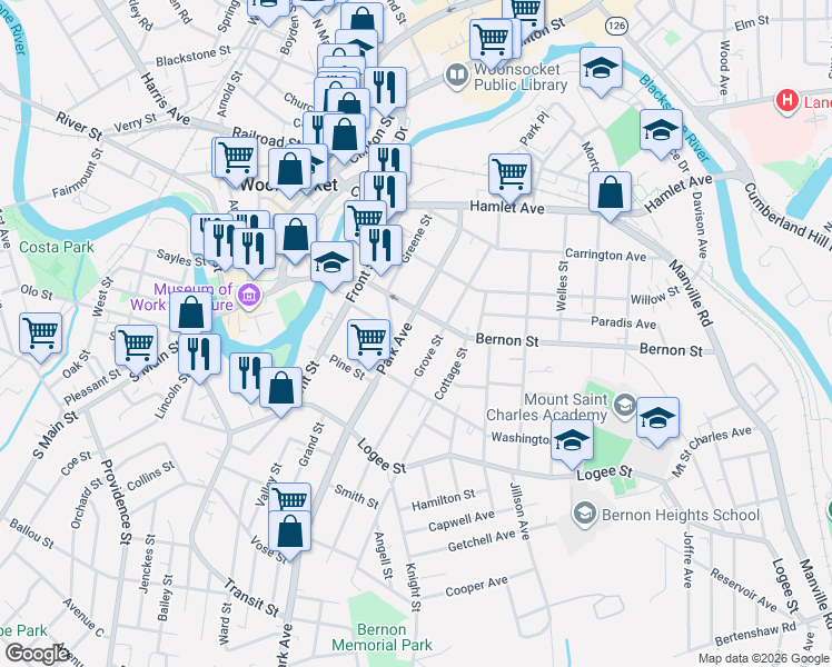 map of restaurants, bars, coffee shops, grocery stores, and more near 325 Grove Street in Woonsocket