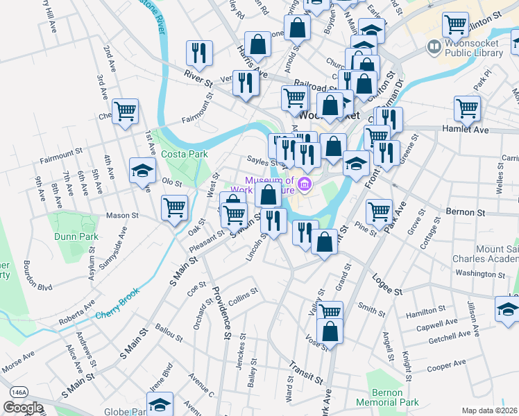map of restaurants, bars, coffee shops, grocery stores, and more near 168 South Main Street in Woonsocket