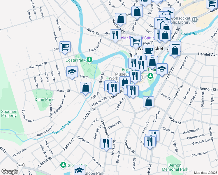 map of restaurants, bars, coffee shops, grocery stores, and more near 5 John Street in Woonsocket