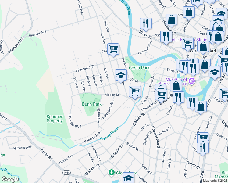 map of restaurants, bars, coffee shops, grocery stores, and more near 287 Mason Street in Woonsocket