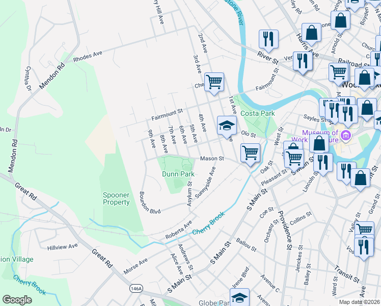 map of restaurants, bars, coffee shops, grocery stores, and more near 18 5th Avenue in Woonsocket