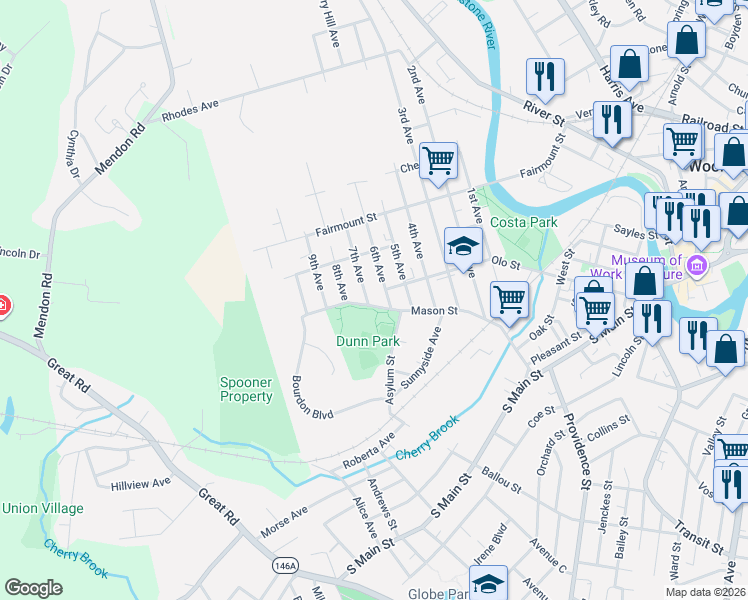 map of restaurants, bars, coffee shops, grocery stores, and more near 447 Mason Street in Woonsocket