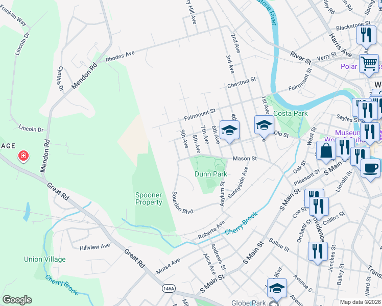 map of restaurants, bars, coffee shops, grocery stores, and more near 289 9th Avenue in Woonsocket