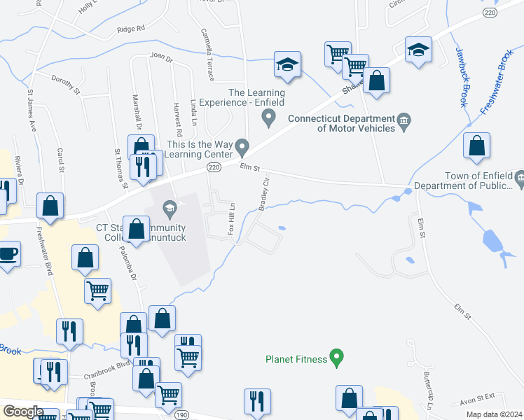 map of restaurants, bars, coffee shops, grocery stores, and more near 111 Fox Hill Lane in Enfield