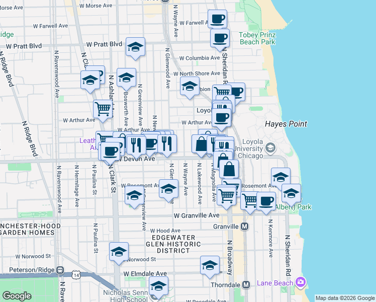 map of restaurants, bars, coffee shops, grocery stores, and more near 1334 West Devon Avenue in Chicago