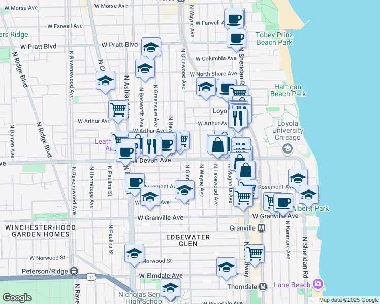 map of restaurants, bars, coffee shops, grocery stores, and more near 1334 West Devon Avenue in Chicago