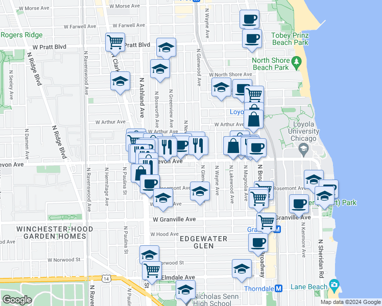 map of restaurants, bars, coffee shops, grocery stores, and more near 6410 North Glenwood Avenue in Chicago