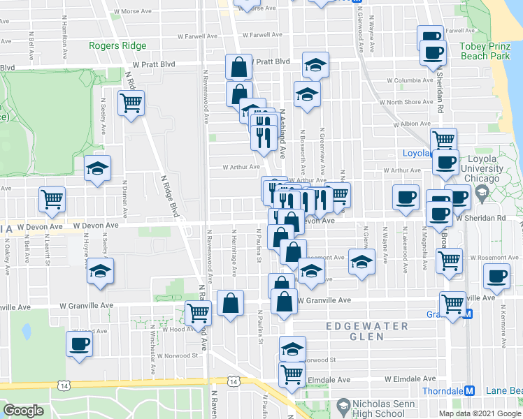 map of restaurants, bars, coffee shops, grocery stores, and more near 1634 West Devon Avenue in Chicago