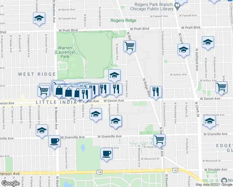 map of restaurants, bars, coffee shops, grocery stores, and more near 6419 North Seeley Avenue in Chicago