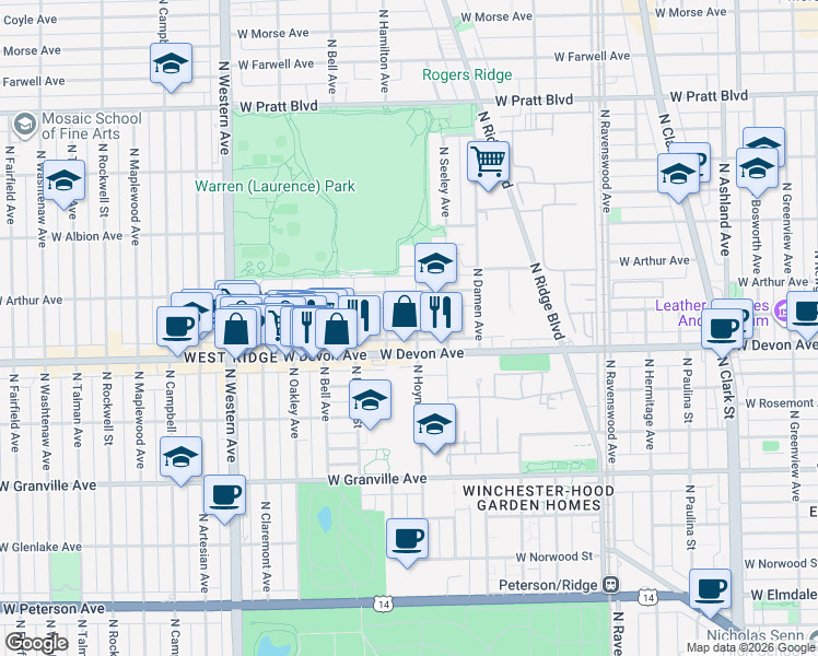 map of restaurants, bars, coffee shops, grocery stores, and more near 6419 North Hoyne Avenue in Chicago
