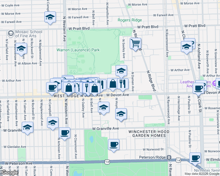map of restaurants, bars, coffee shops, grocery stores, and more near 6422 North Hamilton Avenue in Chicago