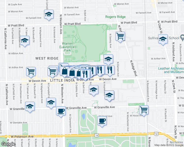 map of restaurants, bars, coffee shops, grocery stores, and more near 6422 North Hamilton Avenue in Chicago