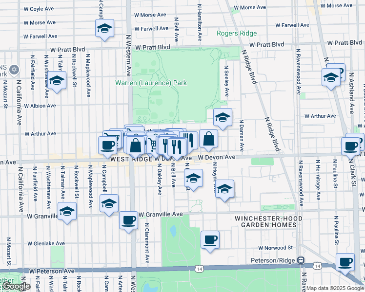 map of restaurants, bars, coffee shops, grocery stores, and more near 6422 North Leavitt Street in Chicago