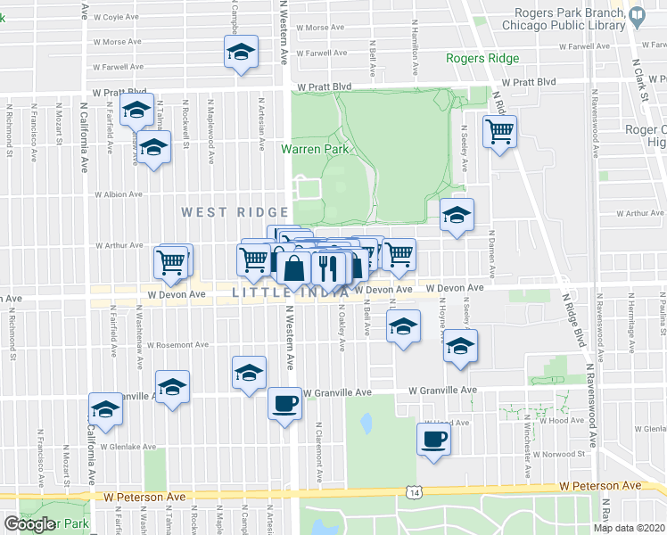 map of restaurants, bars, coffee shops, grocery stores, and more near 6425 North Claremont Avenue in Chicago