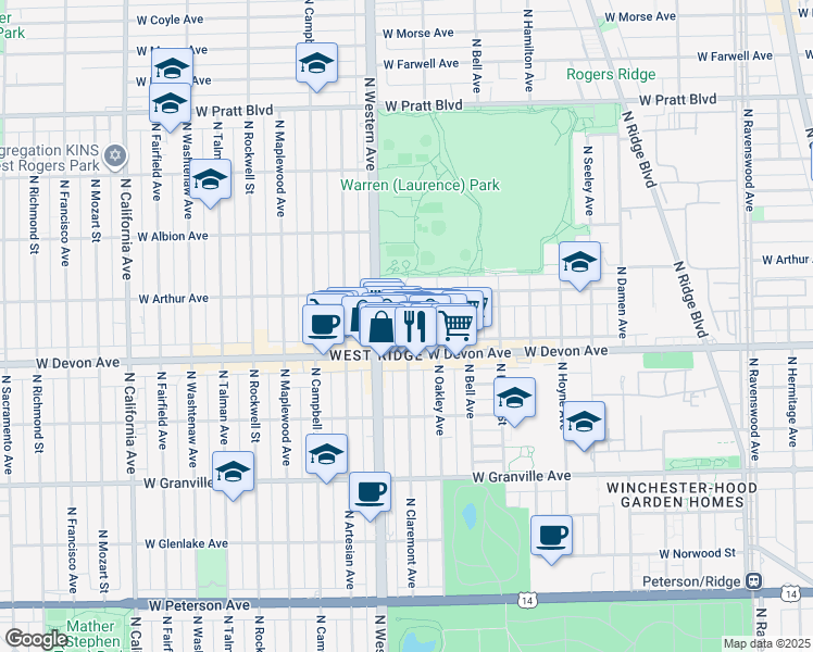 map of restaurants, bars, coffee shops, grocery stores, and more near 6425 North Claremont Avenue in Chicago