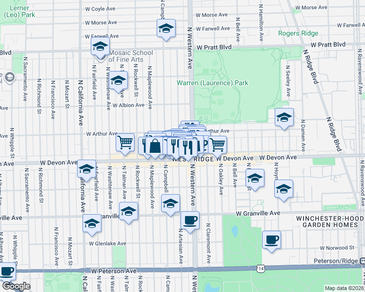 map of restaurants, bars, coffee shops, grocery stores, and more near 6424 North Artesian Avenue in Chicago