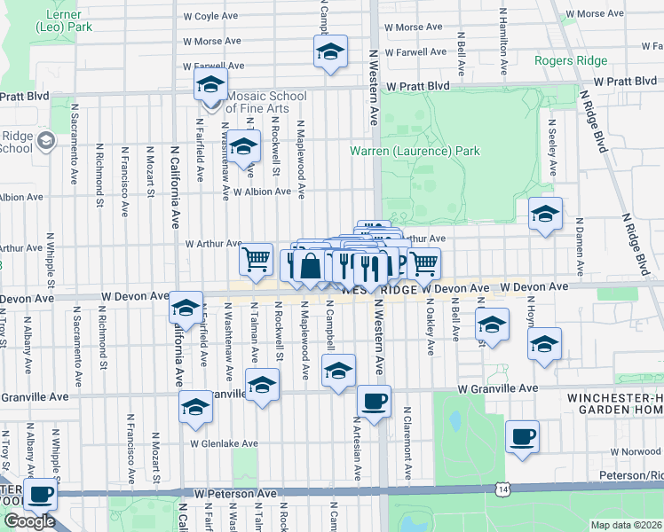 map of restaurants, bars, coffee shops, grocery stores, and more near 6424 North Artesian Avenue in Chicago