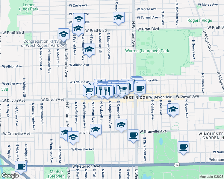 map of restaurants, bars, coffee shops, grocery stores, and more near 6427 North Maplewood Avenue in Chicago
