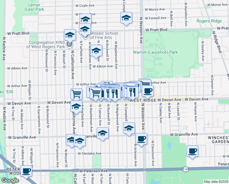 map of restaurants, bars, coffee shops, grocery stores, and more near 6427 North Rockwell Street in Chicago