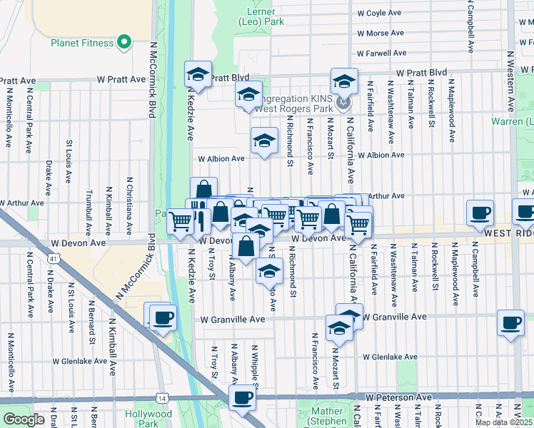 map of restaurants, bars, coffee shops, grocery stores, and more near 6430 North Sacramento Avenue in Chicago