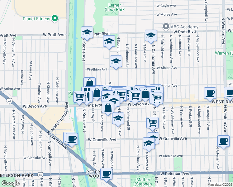 map of restaurants, bars, coffee shops, grocery stores, and more near 6430 North Sacramento Avenue in Chicago