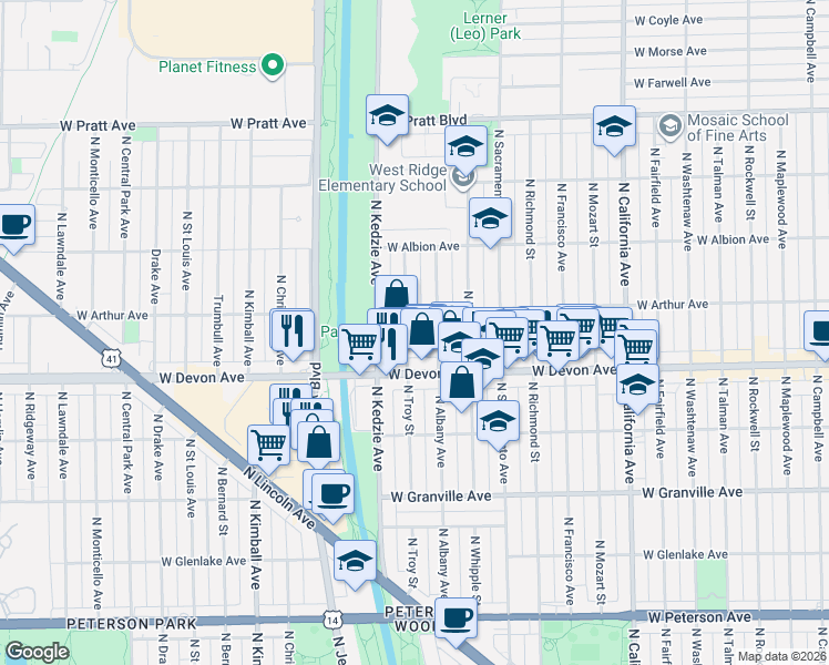 map of restaurants, bars, coffee shops, grocery stores, and more near 6435 North Troy Street in Chicago