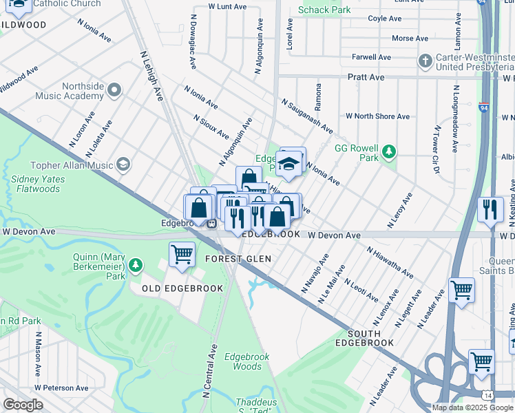 map of restaurants, bars, coffee shops, grocery stores, and more near 6434 North Central Avenue in Chicago