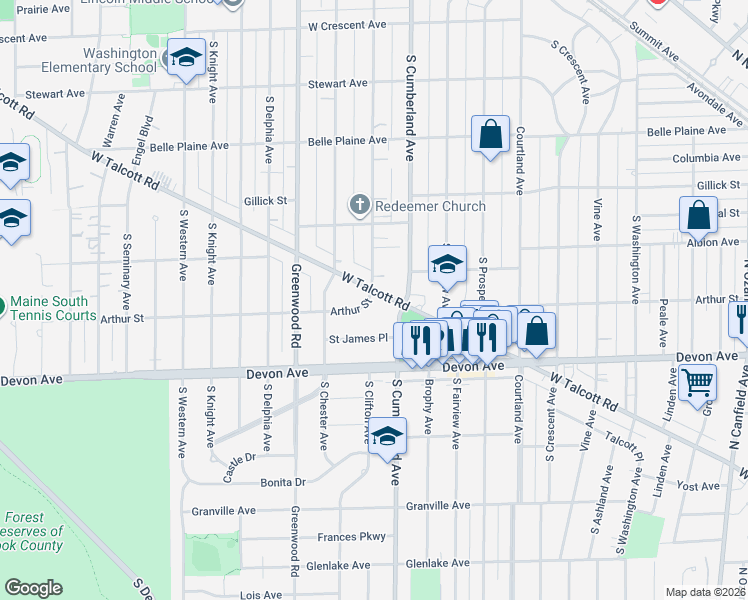 map of restaurants, bars, coffee shops, grocery stores, and more near 911 West Talcott Road in Park Ridge