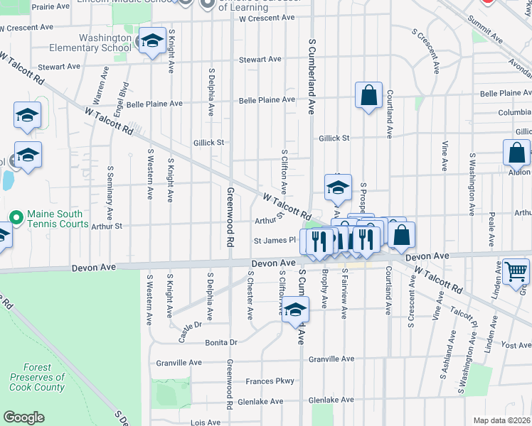 map of restaurants, bars, coffee shops, grocery stores, and more near 1012 Arthur Street in Park Ridge