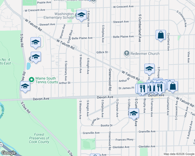 map of restaurants, bars, coffee shops, grocery stores, and more near 1009 South Lincoln Avenue in Park Ridge