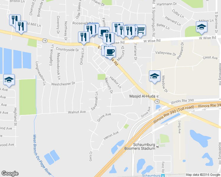 map of restaurants, bars, coffee shops, grocery stores, and more near 1463 Mercury Drive in Schaumburg