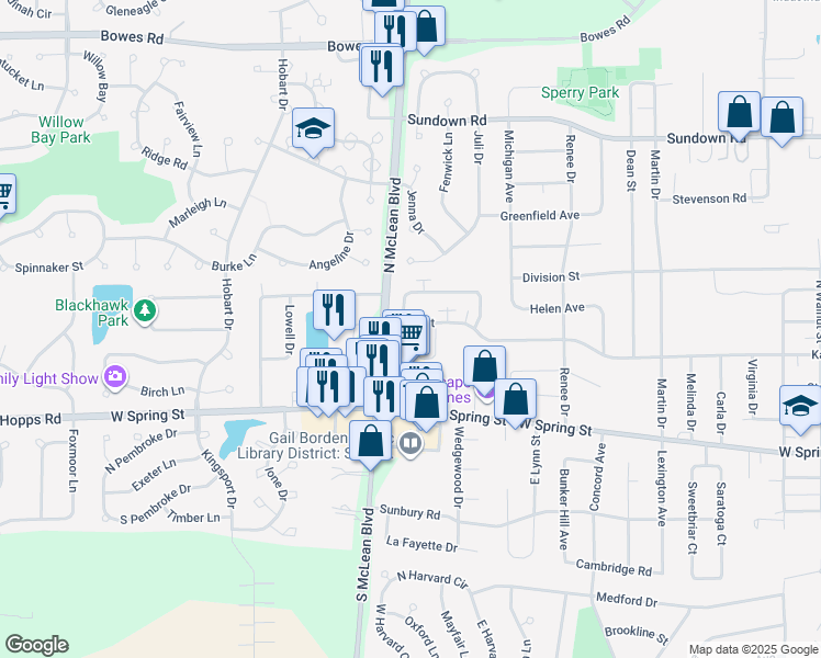 map of restaurants, bars, coffee shops, grocery stores, and more near 1121 Kane Street in South Elgin