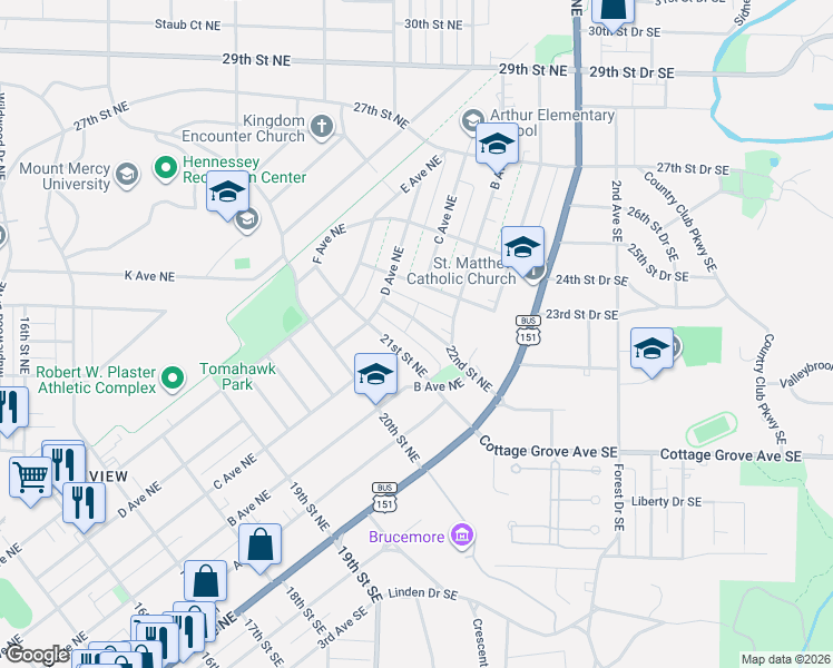 map of restaurants, bars, coffee shops, grocery stores, and more near 325 22nd Street Northeast in Cedar Rapids