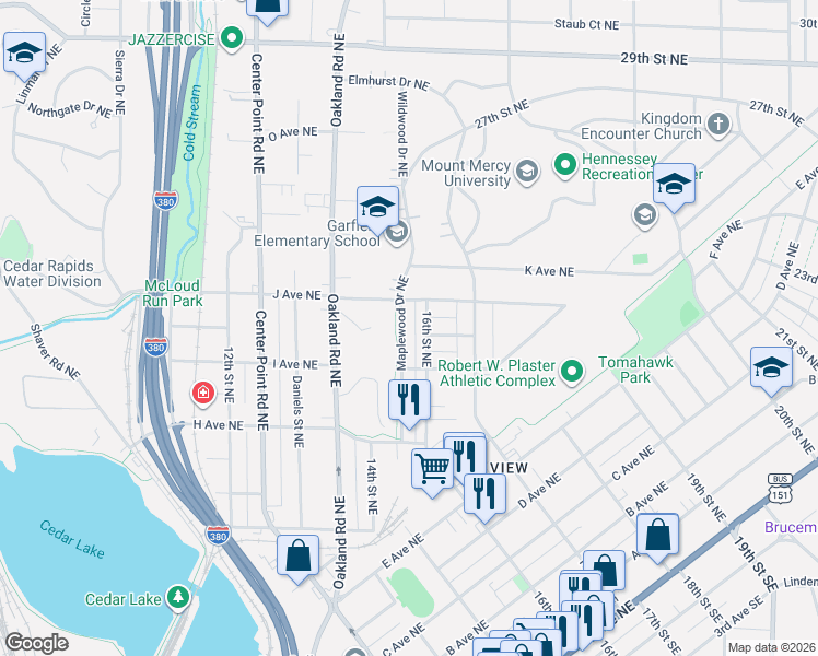 map of restaurants, bars, coffee shops, grocery stores, and more near 1001-1099 Maplewood Drive Northeast in Cedar Rapids
