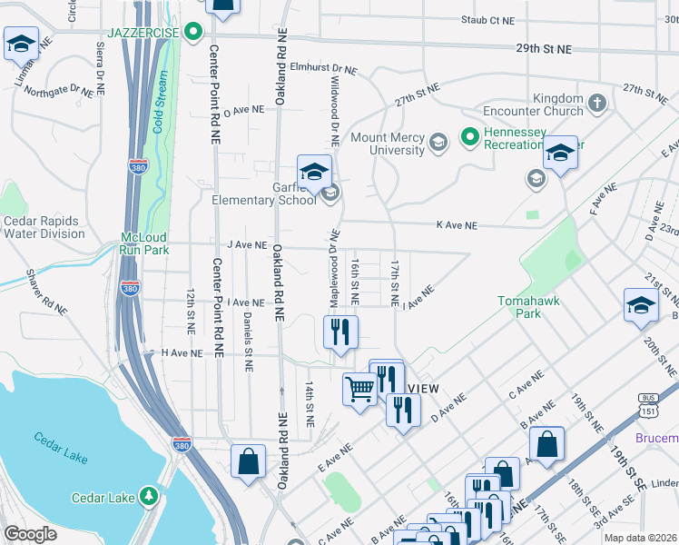 map of restaurants, bars, coffee shops, grocery stores, and more near 1001-1099 Maplewood Drive Northeast in Cedar Rapids