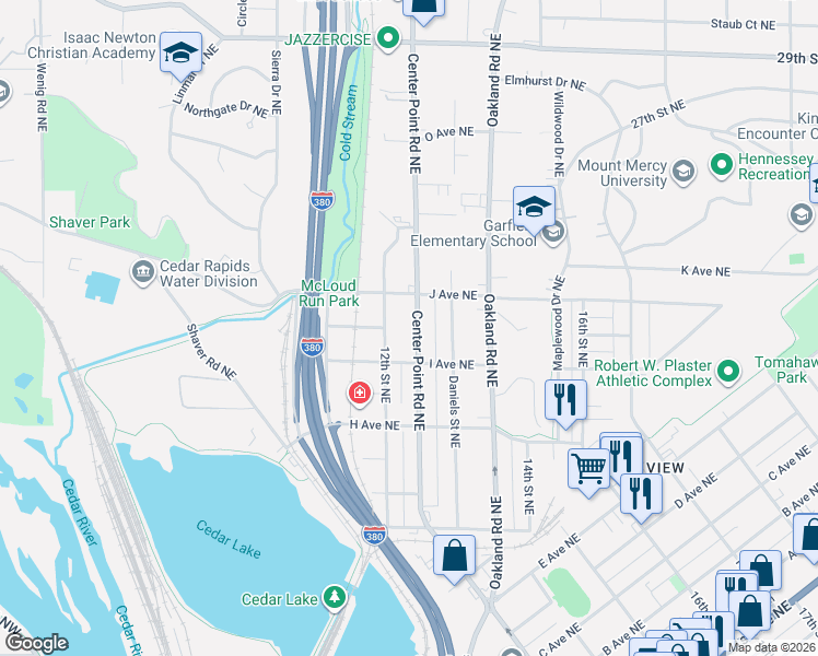 map of restaurants, bars, coffee shops, grocery stores, and more near 1030 12th Street Northeast in Cedar Rapids