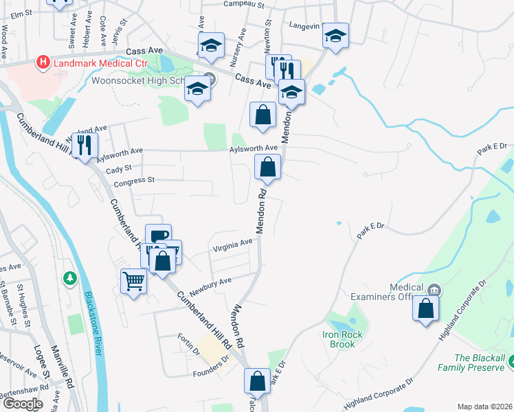 map of restaurants, bars, coffee shops, grocery stores, and more near 1565 Mendon Road in Woonsocket