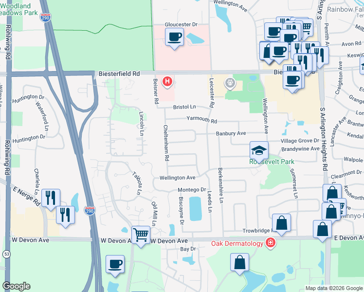 map of restaurants, bars, coffee shops, grocery stores, and more near 545 Gateshead Avenue North in Elk Grove Village