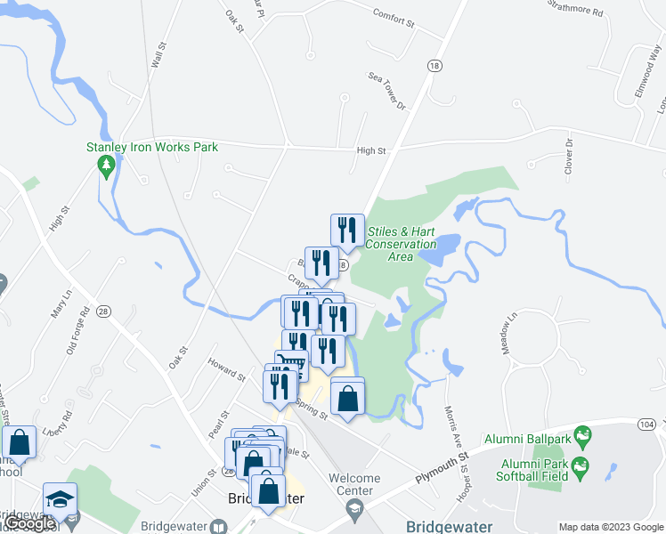 map of restaurants, bars, coffee shops, grocery stores, and more near 322 Broad Street in Bridgewater