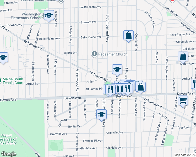 map of restaurants, bars, coffee shops, grocery stores, and more near 911 West Talcott Road in Park Ridge