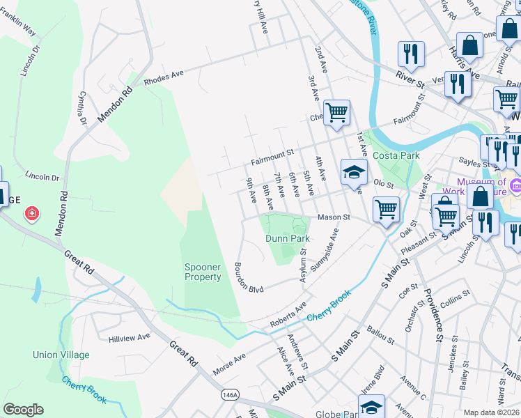 map of restaurants, bars, coffee shops, grocery stores, and more near 289 9th Avenue in Woonsocket