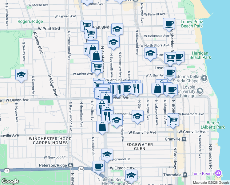 map of restaurants, bars, coffee shops, grocery stores, and more near 6421 North Bosworth Avenue in Chicago