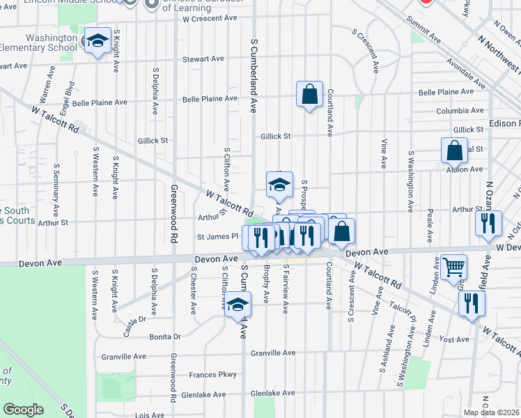 map of restaurants, bars, coffee shops, grocery stores, and more near 820 West Talcott Road in Park Ridge