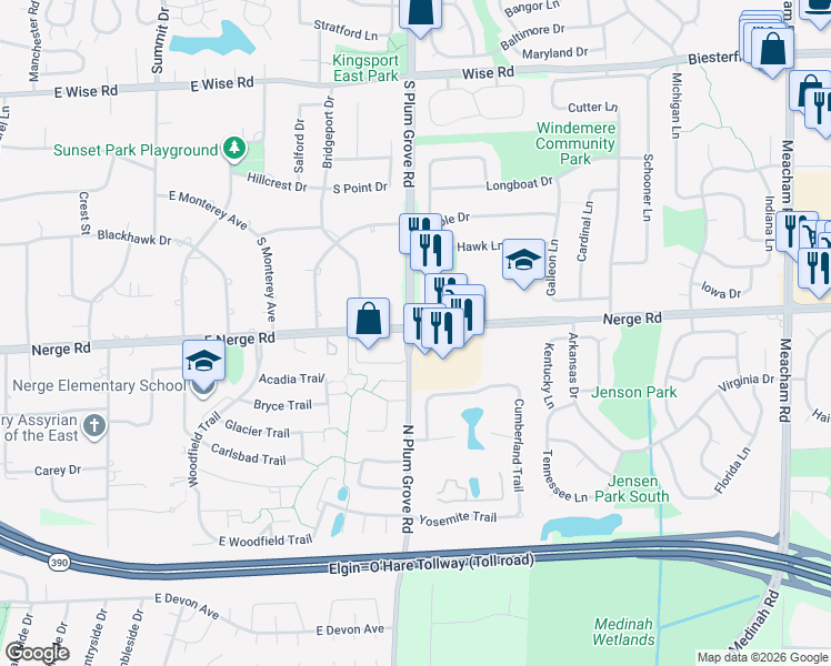 map of restaurants, bars, coffee shops, grocery stores, and more near 917 North Plum Grove Road in Roselle