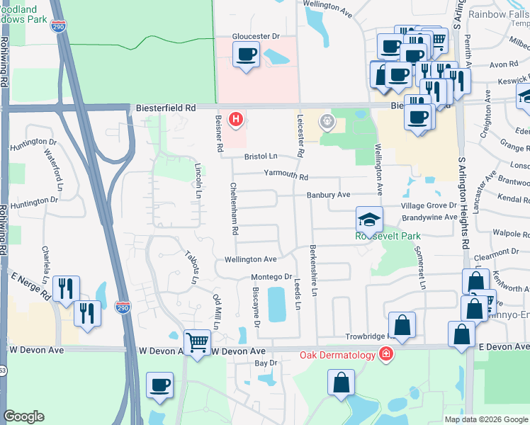 map of restaurants, bars, coffee shops, grocery stores, and more near 545 Gateshead Avenue North in Elk Grove Village